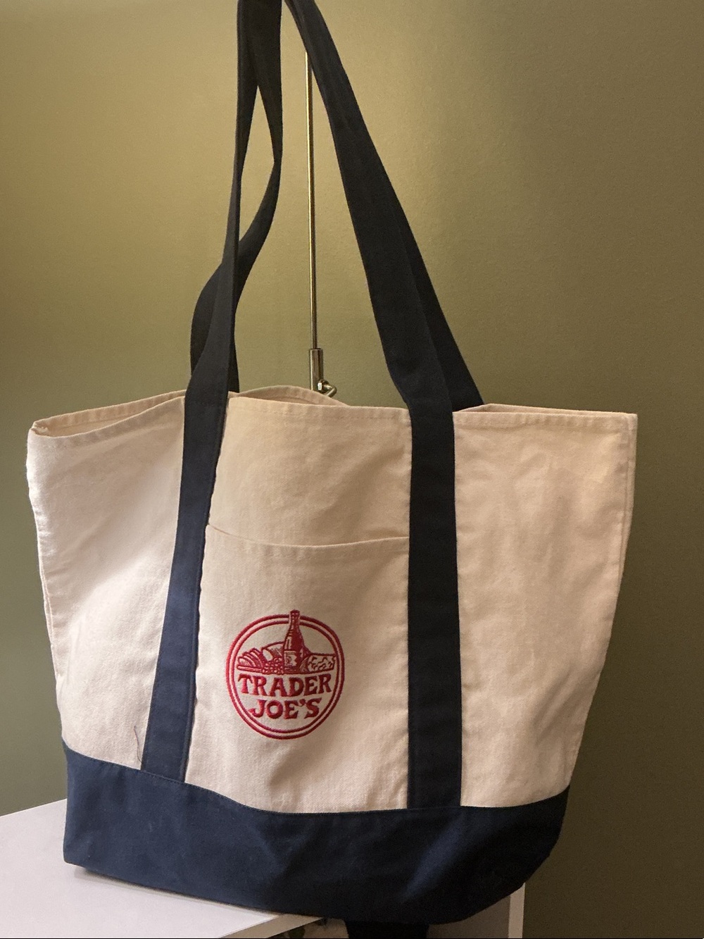 Trader Joe's Two-Tone Canvas Tote in Cream and Navy Exterior Pockets